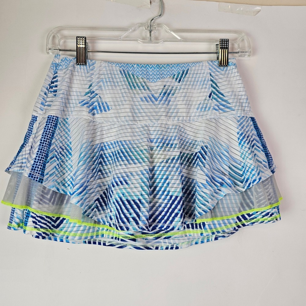 Lucky in Love Womens Blue White Geometric Tiered Mesh Tennis Skort Size XS
